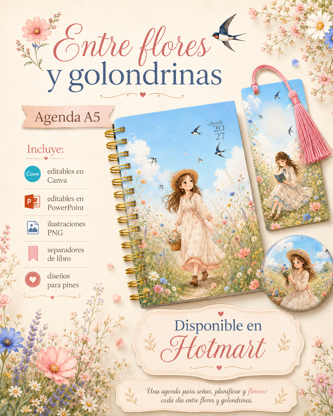 Agenda-Planner 2027 A5 "Entre flores y golondrinas