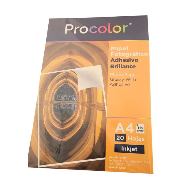 Papel fotográfico adhesivo brillo 115gr Procolor x 20 hojas