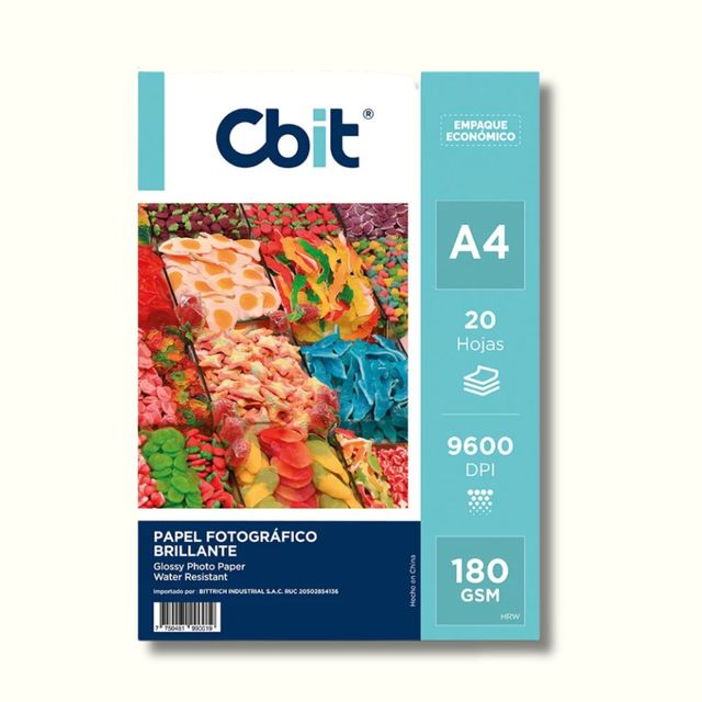 Papel fotográfico brillo 180gr Cbit x 20 hojas