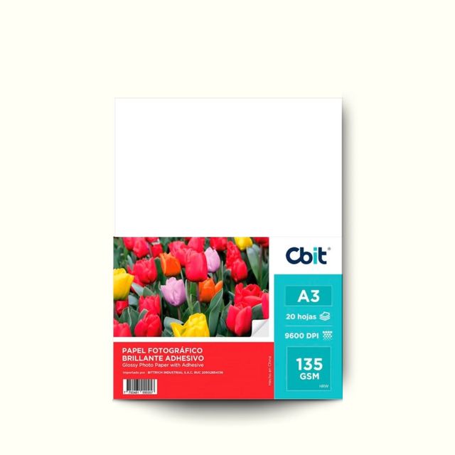 Papel foto adhesivo brillo 135gr A3 Cbit x 20 hojas